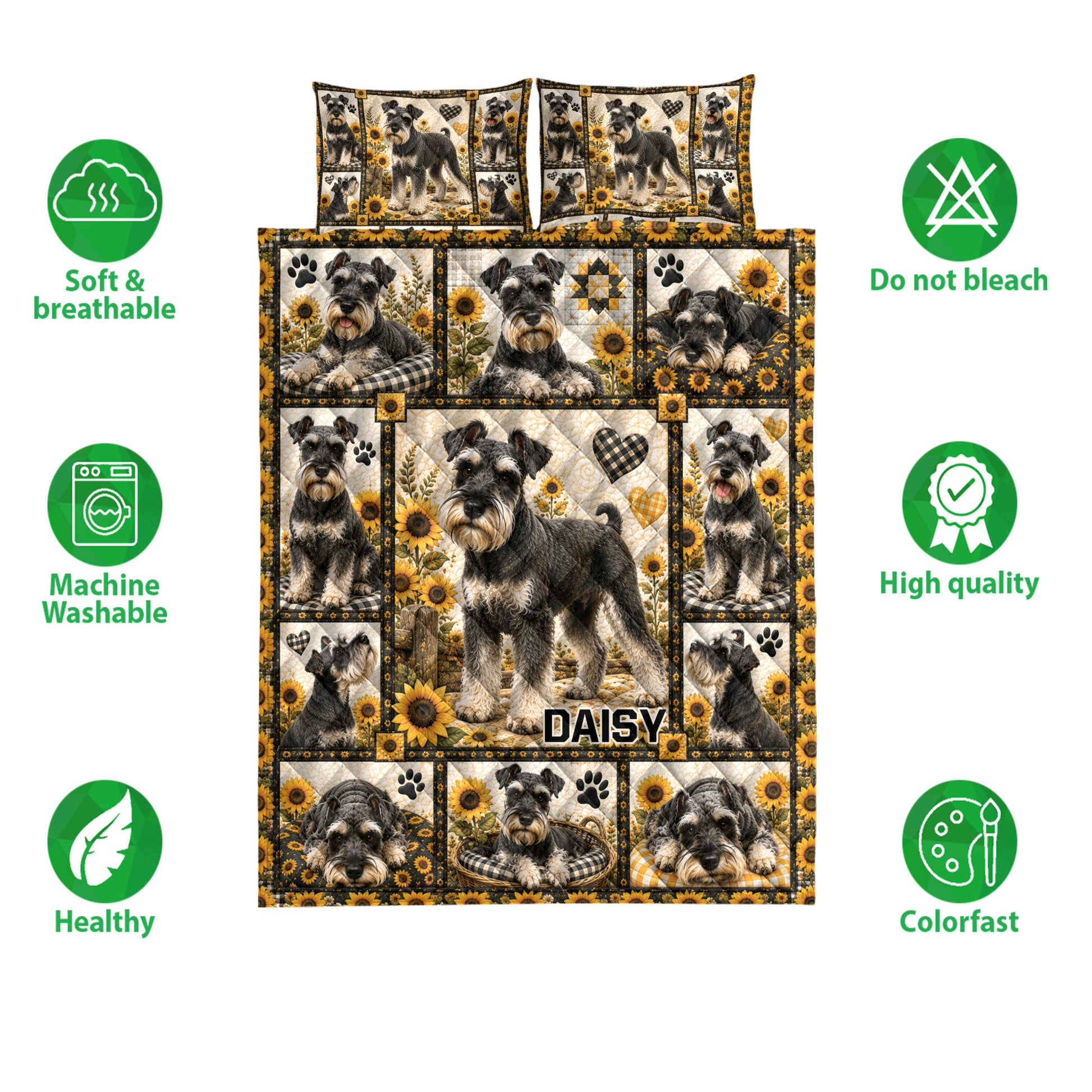 Miniature Schnauzer quilt bedding set shown with sunflower dog artwork and soft, breathable design icons