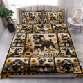 Miniature Schnauzer quilt blanket styled across a bright bedroom with matching dog artwork pillows