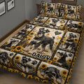 Angled bedroom view of a Miniature Schnauzer quilt blanket featuring sunflowers, hearts and paw prints