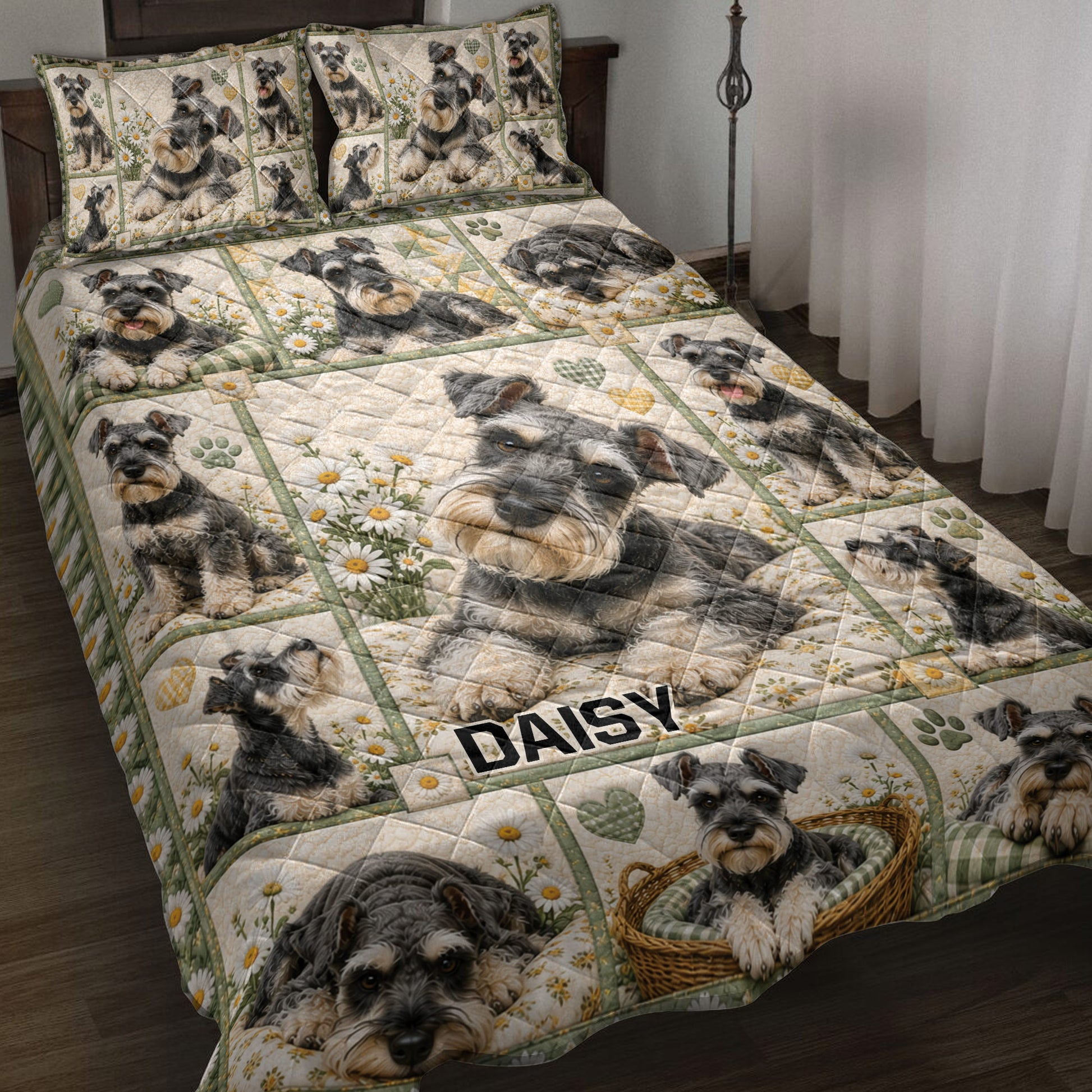 Miniature Schnauzer quilt blanket displayed on a bed with daisy, paw print, heart, and plaid artwork