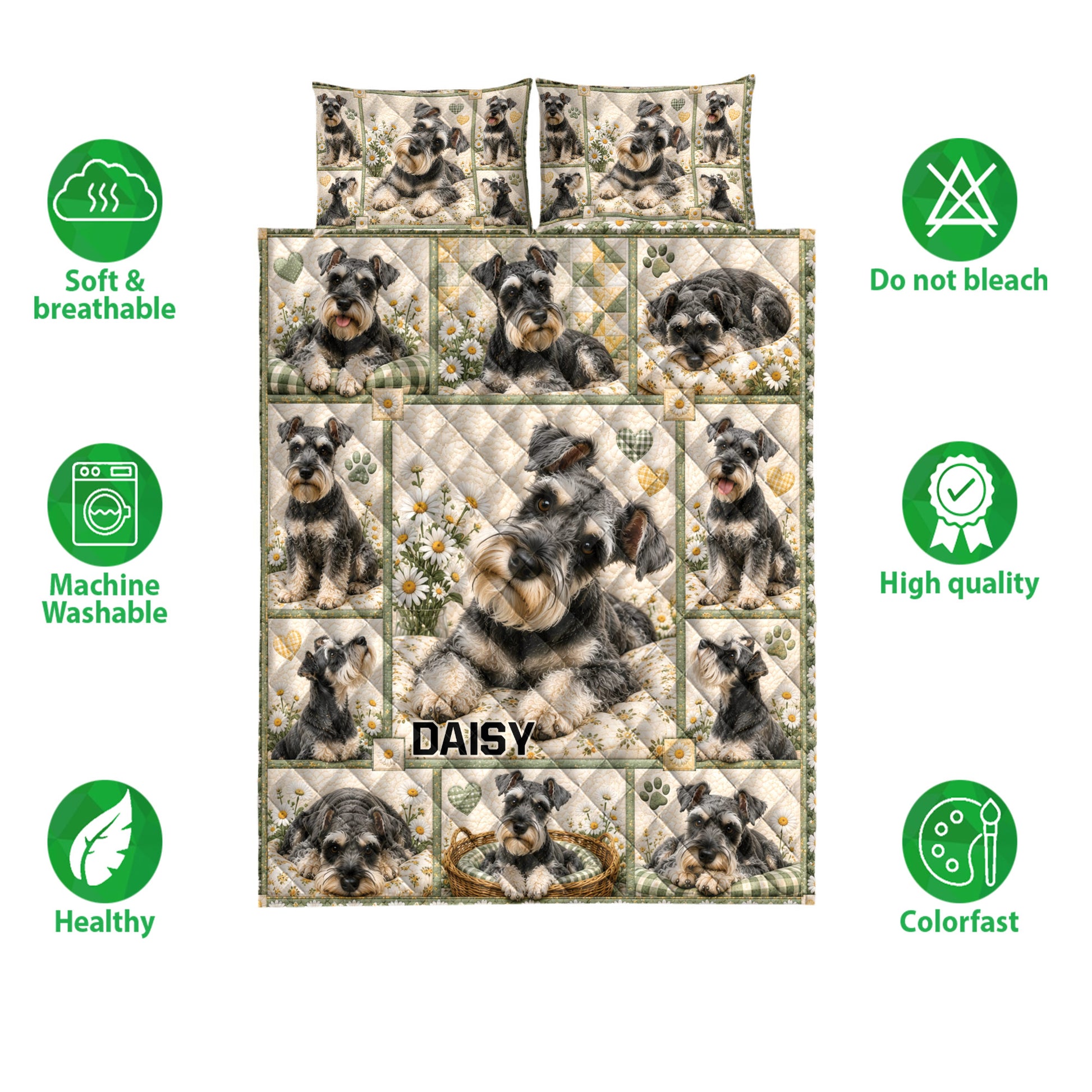 Miniature Schnauzer quilt bedding design shown with soft breathable and care feature icons