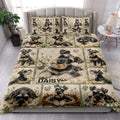 Miniature Schnauzer quilt blanket styled across a bright bedroom with coordinated dog artwork