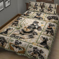Close view of a Miniature Schnauzer quilt blanket covered in detailed dog portraits and daisies