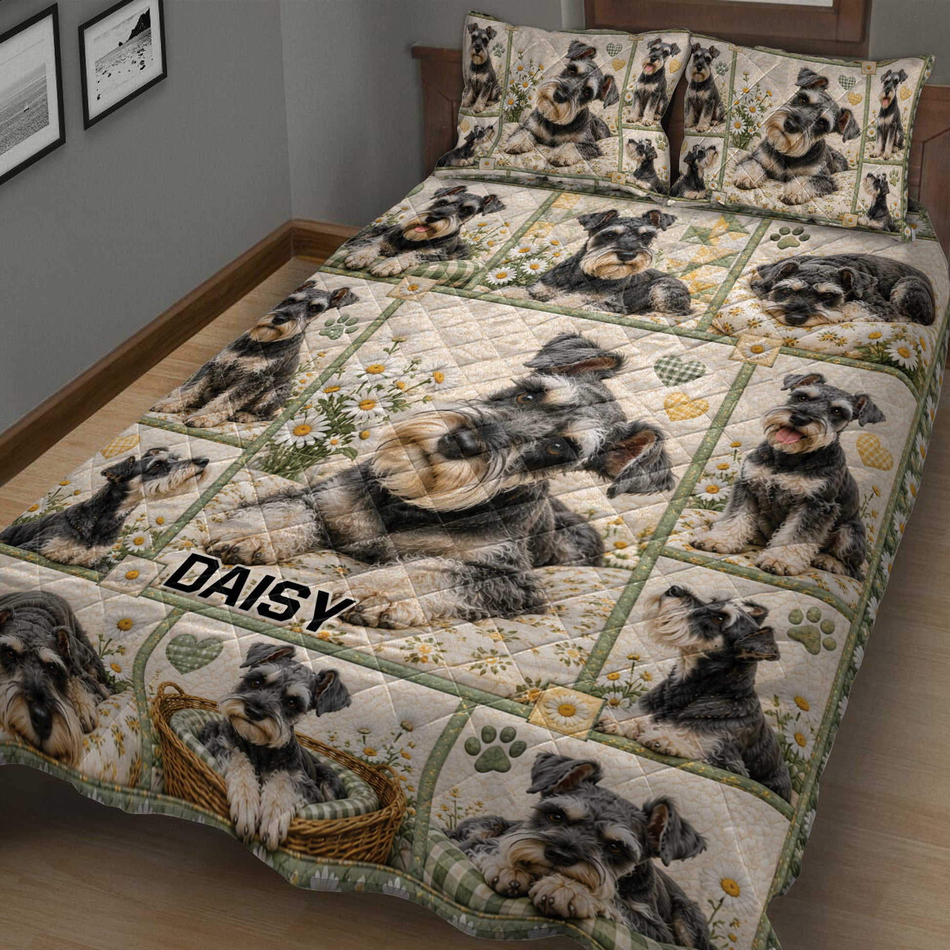 Close view of a Miniature Schnauzer quilt blanket covered in detailed dog portraits and daisies