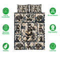 Miniature Schnauzer quilt bedding set shown with coordinated pillows and a collage of dog portraits