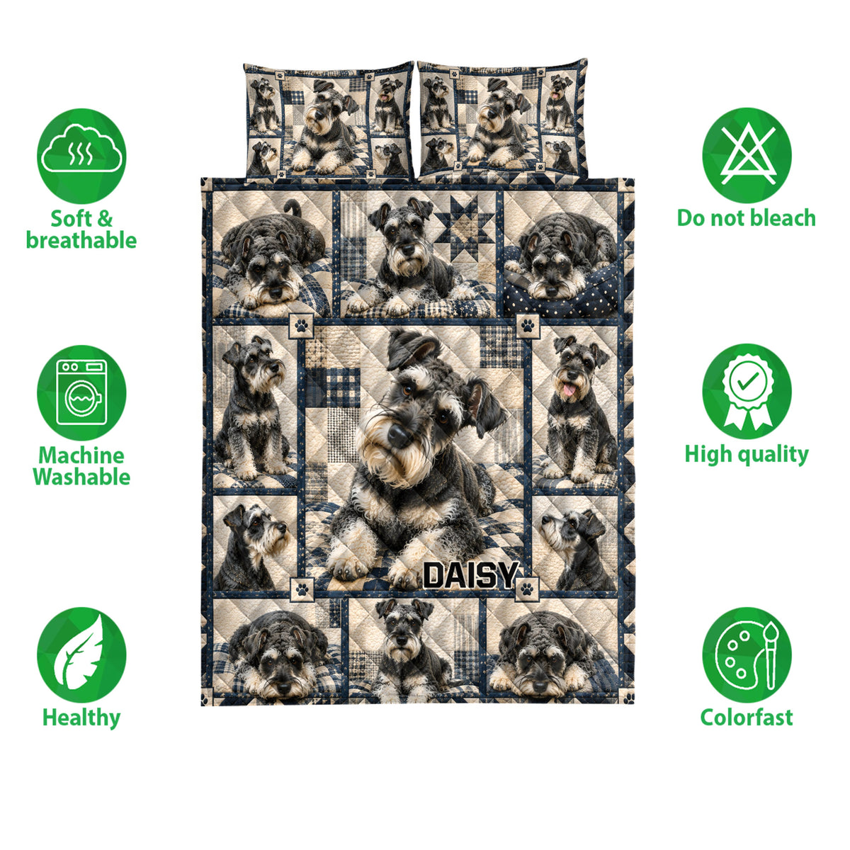 Miniature Schnauzer quilt bedding set shown with coordinated pillows and a collage of dog portraits