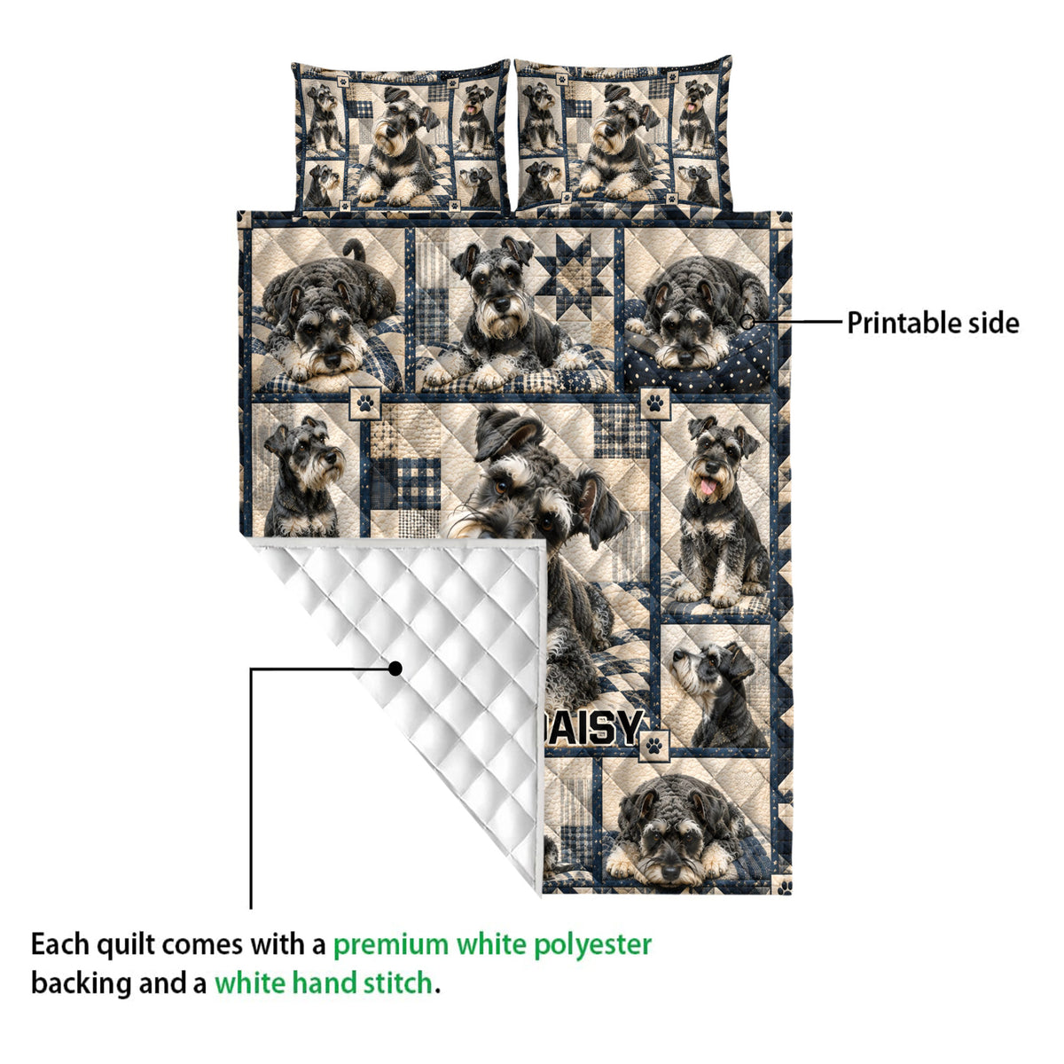 Close detail of Miniature Schnauzer quilt showing the printed side and white quilted backing
