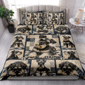 Miniature Schnauzer quilt blanket styled in a bright bedroom with matching dog portrait pillows