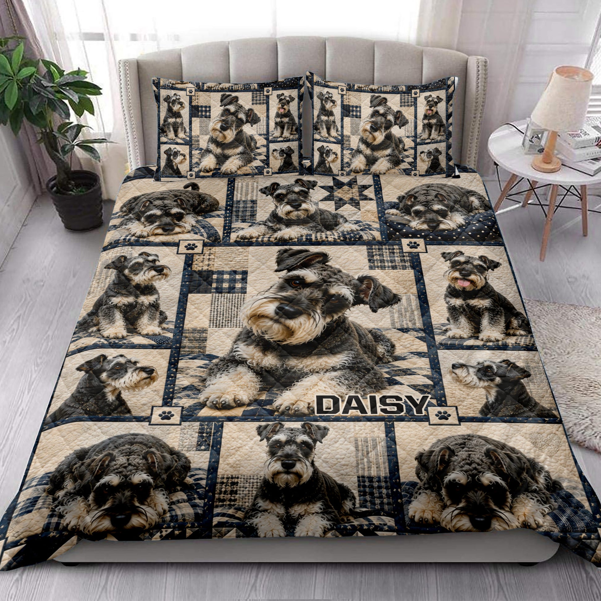 Miniature Schnauzer quilt blanket styled in a bright bedroom with matching dog portrait pillows