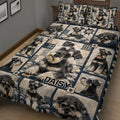 Miniature Schnauzer quilt bedding displayed on a bed with navy, cream, and plaid patchwork artwork