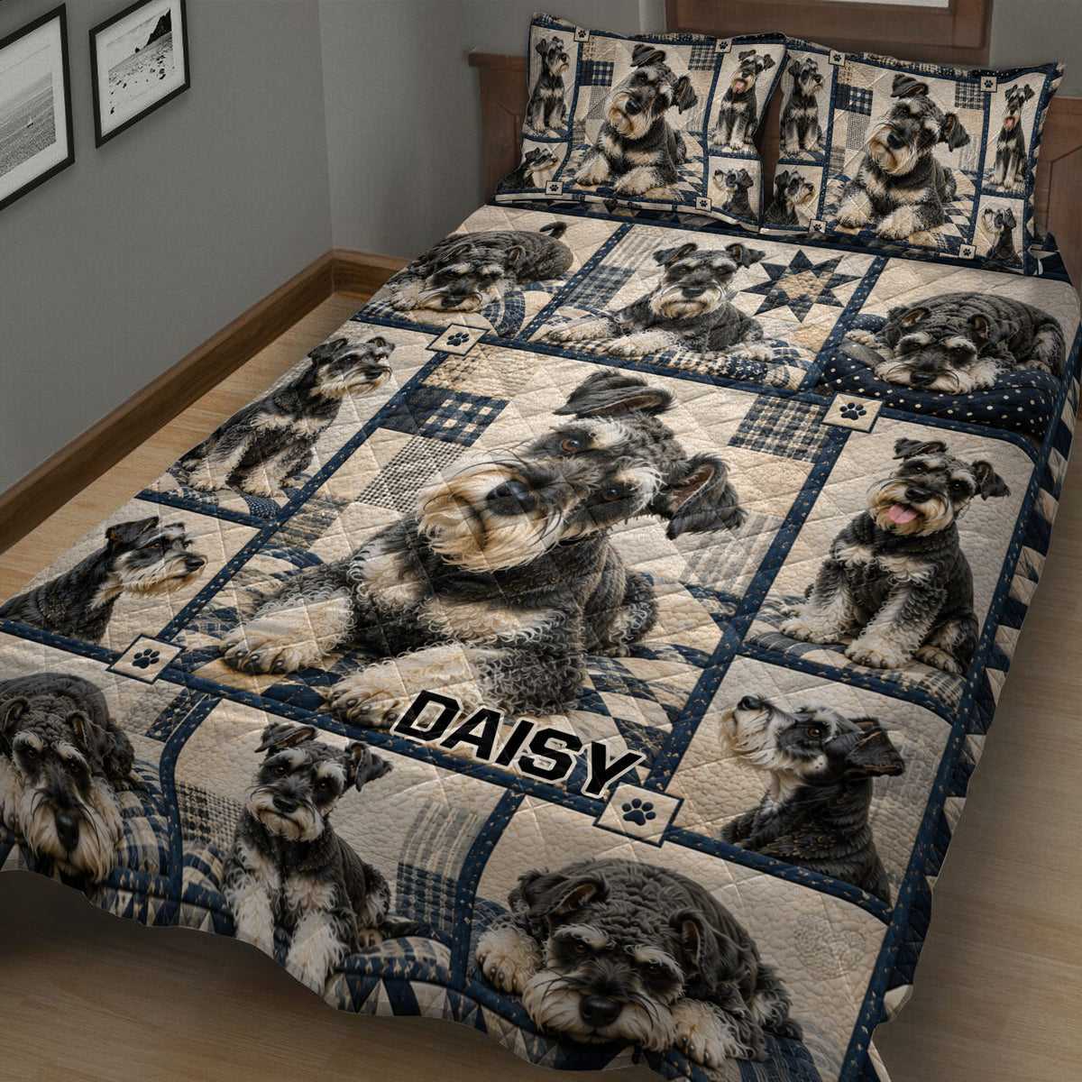 Miniature Schnauzer quilt bedding displayed on a bed with navy, cream, and plaid patchwork artwork