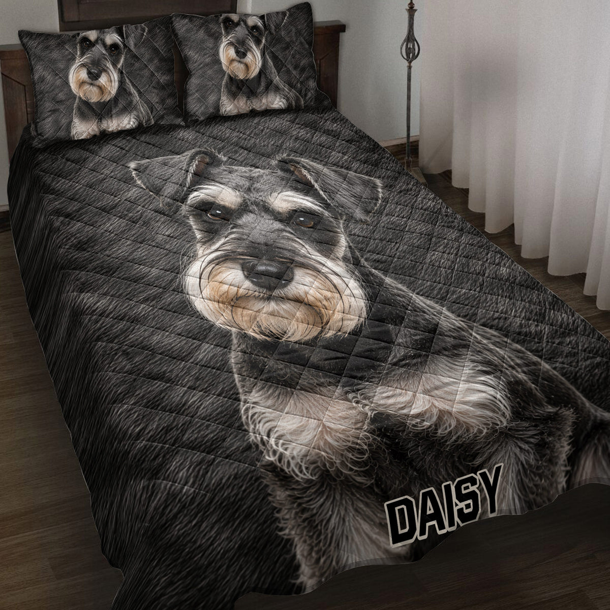 Miniature Schnauzer quilt bedding set styled on a bed with matching dog portrait pillow designs