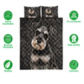 Miniature Schnauzer quilt blanket with portrait artwork shown alongside softness and care icons