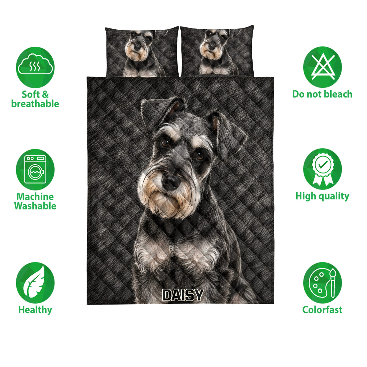 Miniature Schnauzer quilt blanket with portrait artwork shown alongside softness and care icons