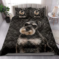 Miniature Schnauzer quilt bedding displayed in a bright bedroom with large dog portrait artwork