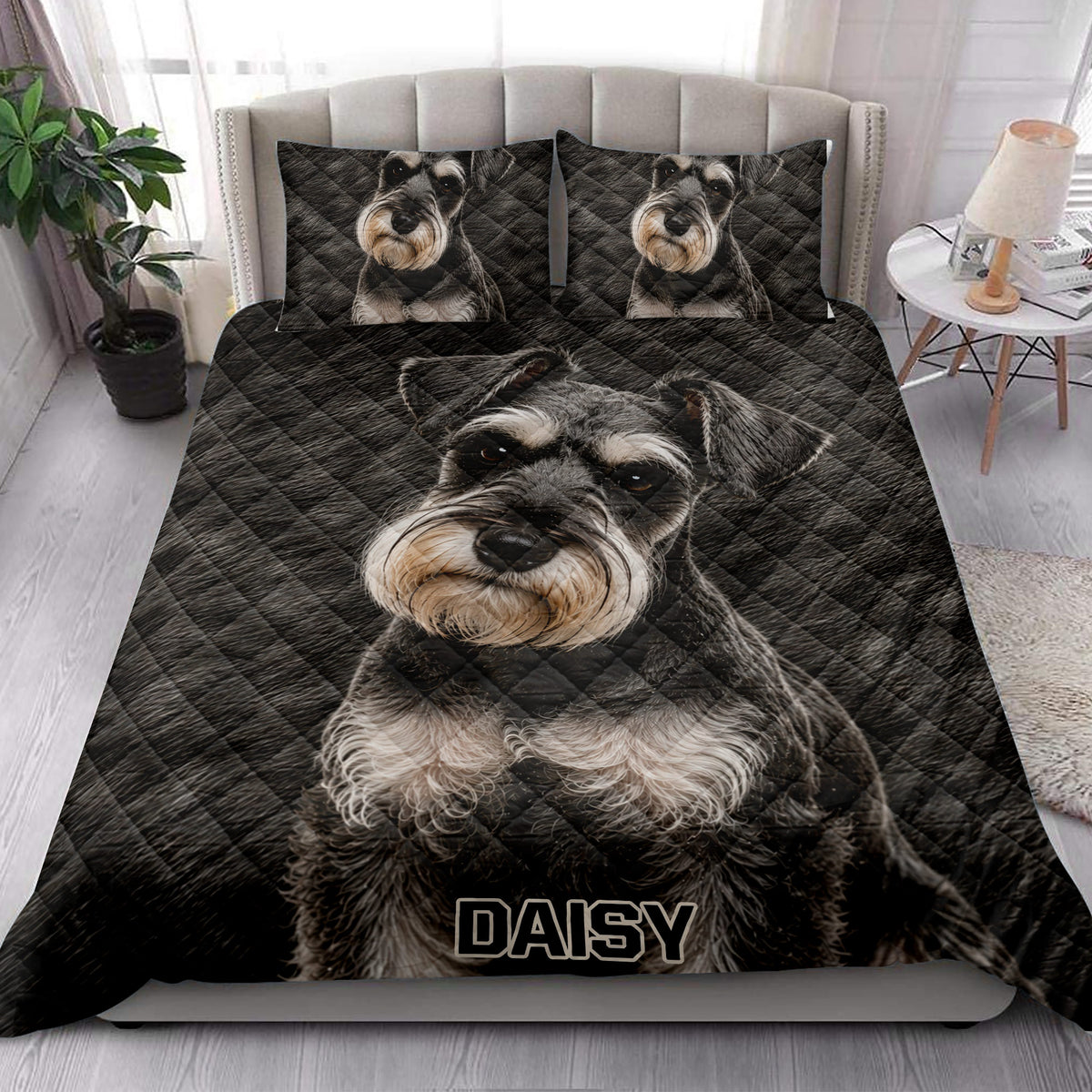 Miniature Schnauzer quilt bedding displayed in a bright bedroom with large dog portrait artwork