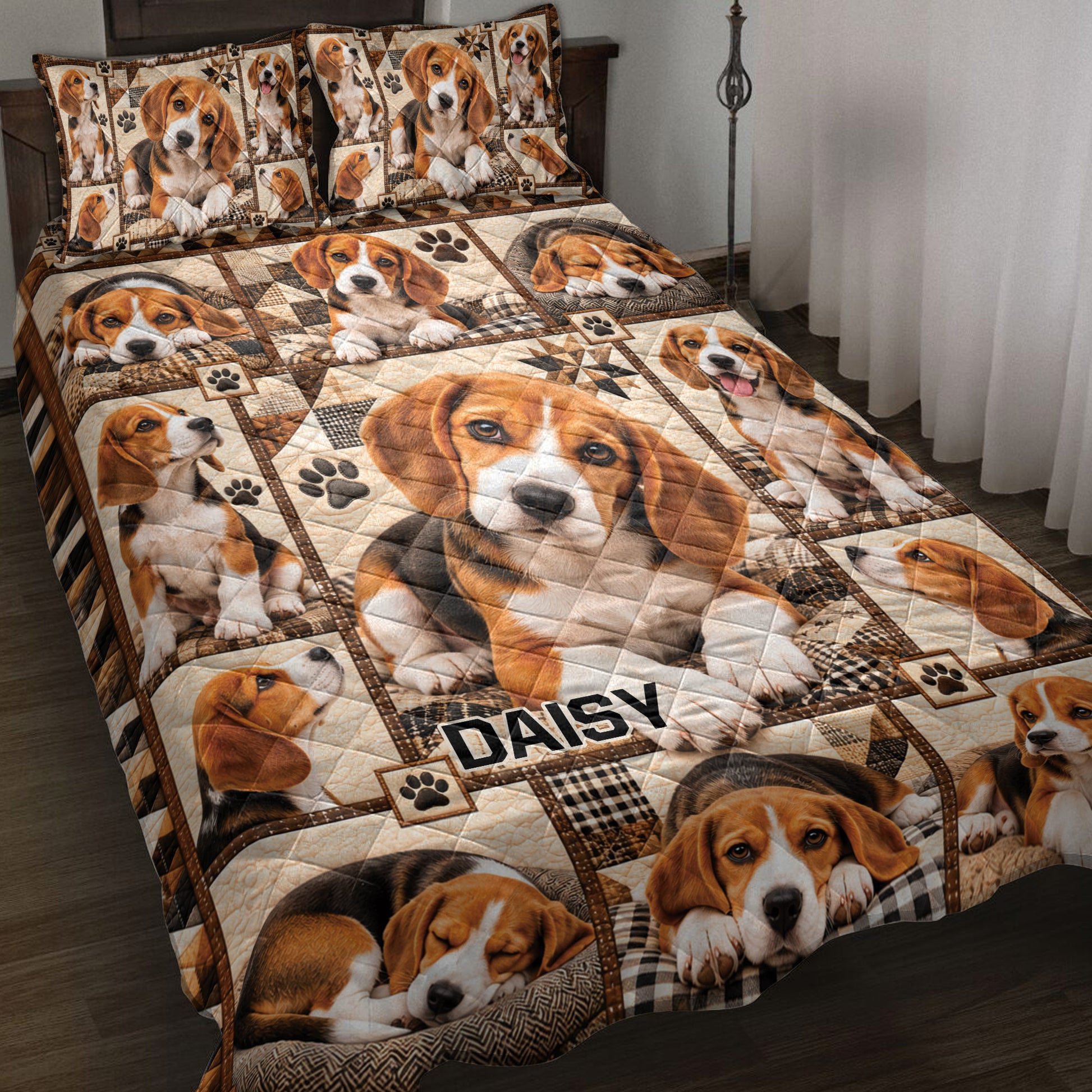 Beagle quilt blanket bedding set displayed on a bed with puppy portraits, paw prints, and rustic patchwork artwork