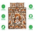 Beagle quilt bedding set shown with puppy artwork and icons highlighting soft, breathable, washable, and colorfast features