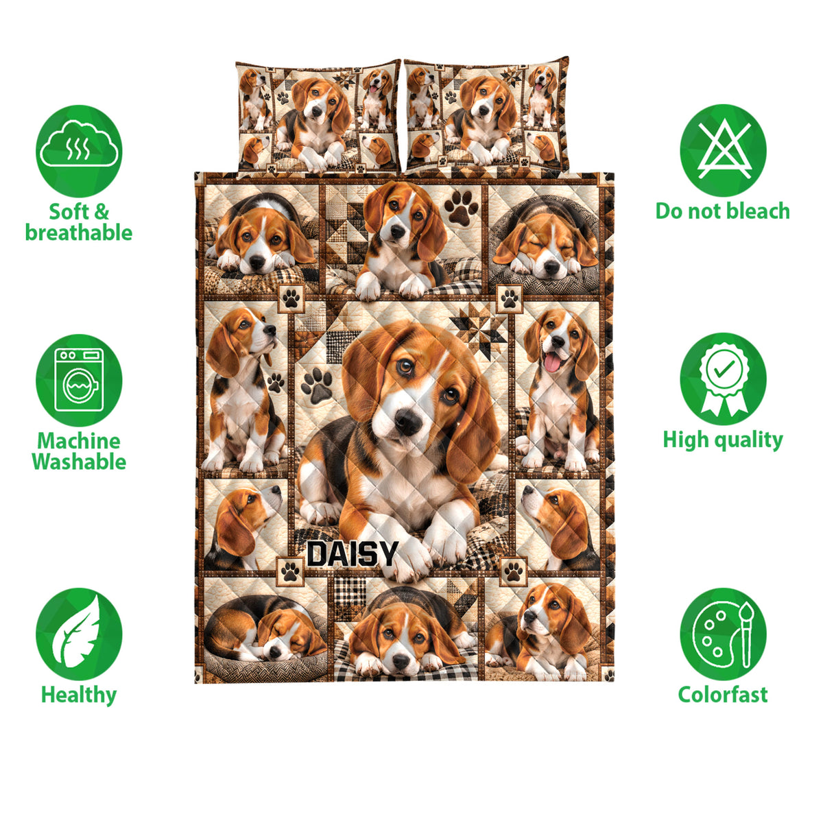 Beagle quilt bedding set shown with puppy artwork and icons highlighting soft, breathable, washable, and colorfast features