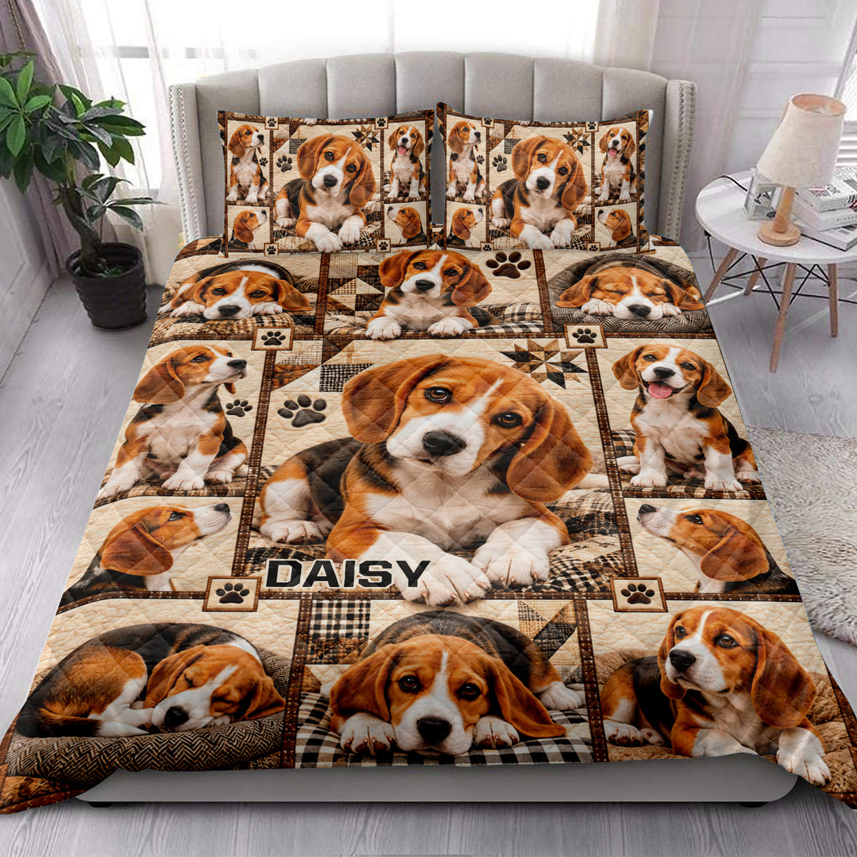 Beagle quilt blanket styled on a bedroom bed with repeated puppy portraits, paw prints, and warm brown patchwork