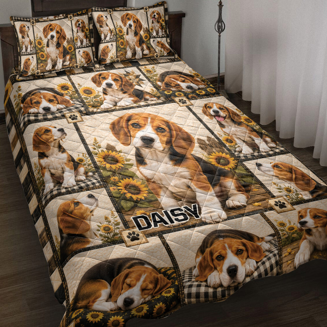 Beagle quilt blanket bedding set displayed on a bed with sunflower panels and paw print accents