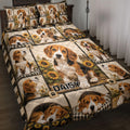 Beagle quilt blanket bedding set displayed on a bed with sunflower panels and paw print accents