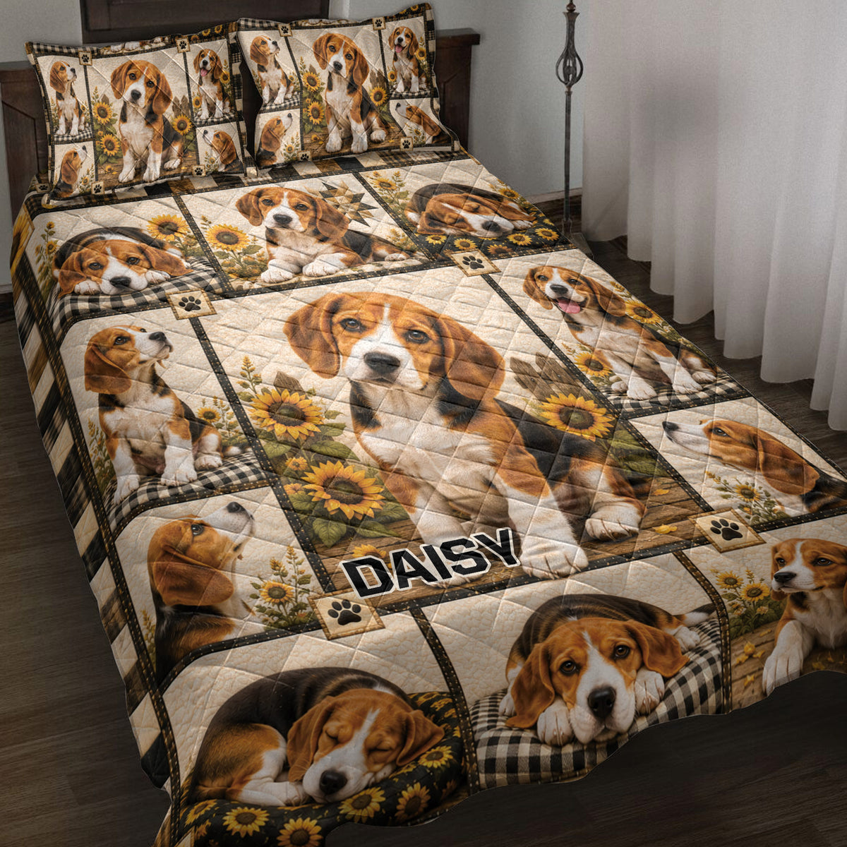 Beagle quilt blanket bedding set displayed on a bed with sunflower panels and paw print accents