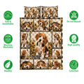 Beagle quilt bedding set shown with soft breathable design icons and sunflower dog artwork