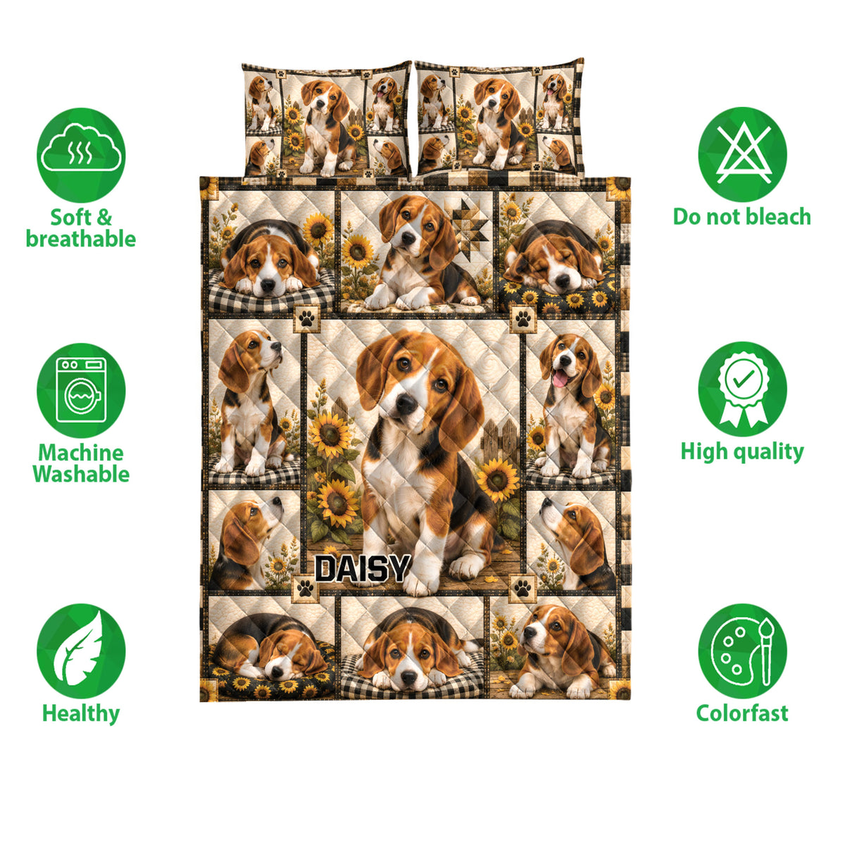 Beagle quilt bedding set shown with soft breathable design icons and sunflower dog artwork
