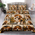 Beagle quilt blanket styled on a bedroom bed with matching Beagle pillow artwork