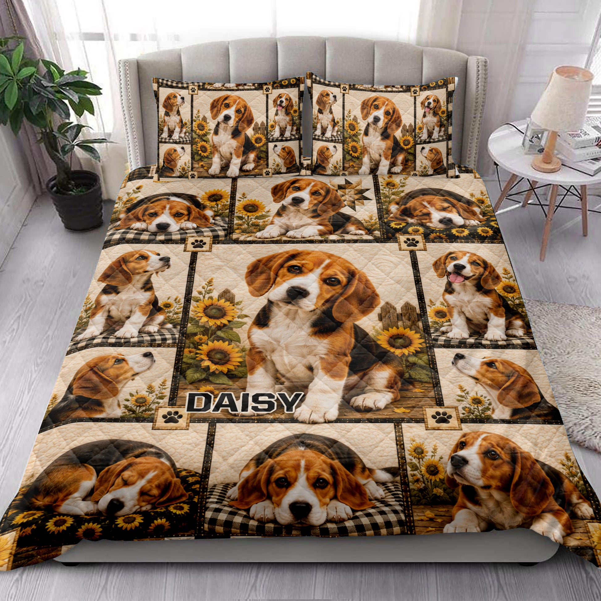 Beagle quilt blanket styled on a bedroom bed with matching Beagle pillow artwork