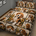 Close view of Beagle quilt bedding with playful dog portraits, sunflowers, paw prints, and plaid accents