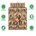 Beagle quilt bedding set shown with repeated dog portraits, daisy artwork, paw prints, and feature icons