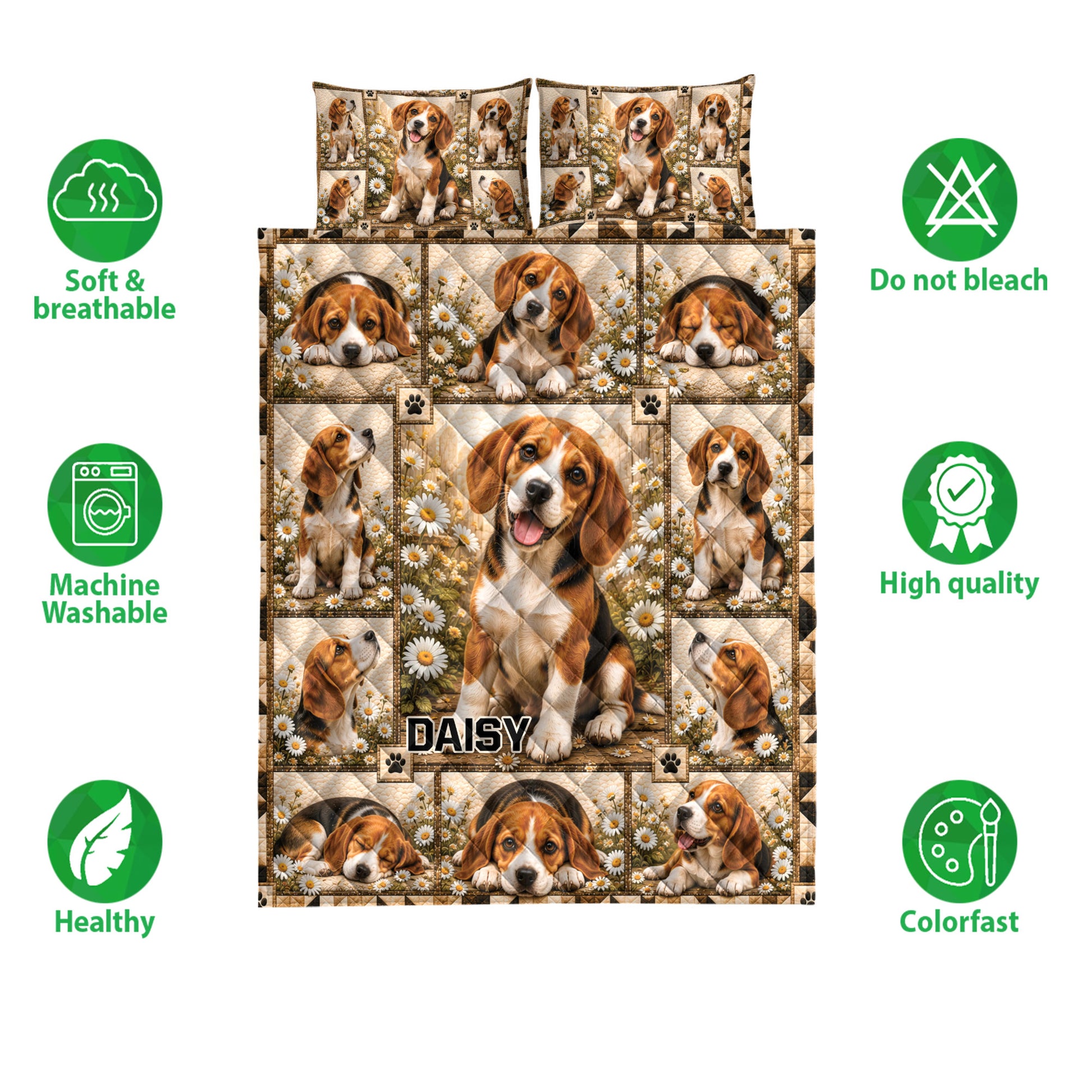Beagle quilt bedding set shown with repeated dog portraits, daisy artwork, paw prints, and feature icons