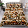 Beagle quilt blanket styled in a bright bedroom with matching Beagle pillow artwork and daisy accents