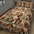Beagle quilt bedding displayed from an angled view with sleeping and playful dogs among white daisies