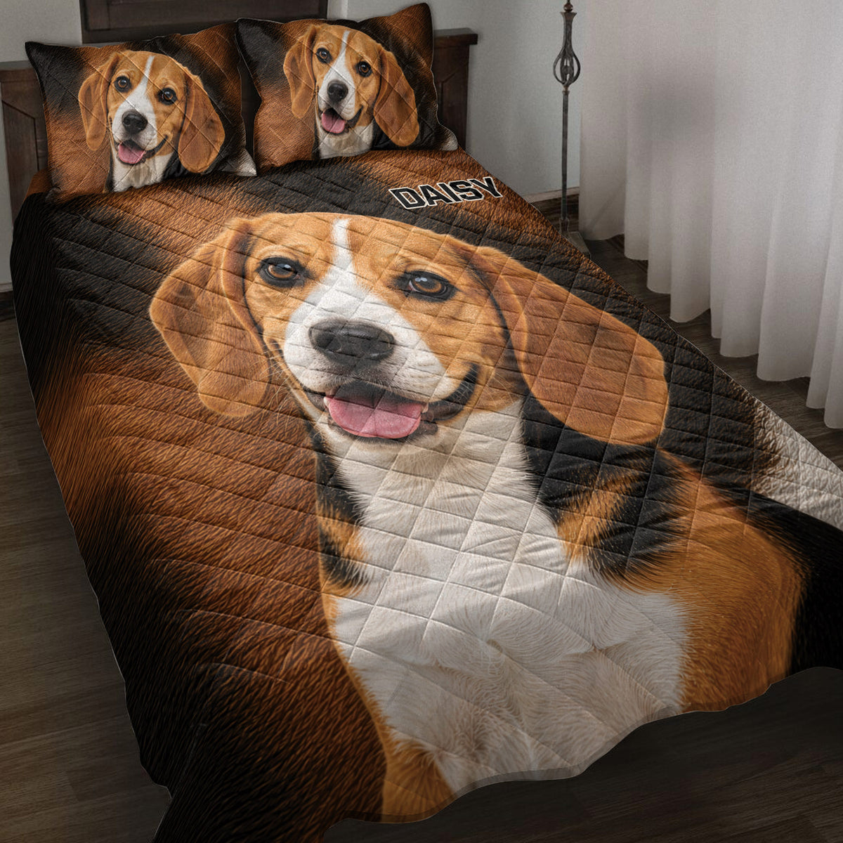 Beagle quilt blanket spread across a bed with matching portrait pillows and warm brown artwork