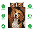 Beagle quilt bedding set shown with portrait artwork and product feature icons