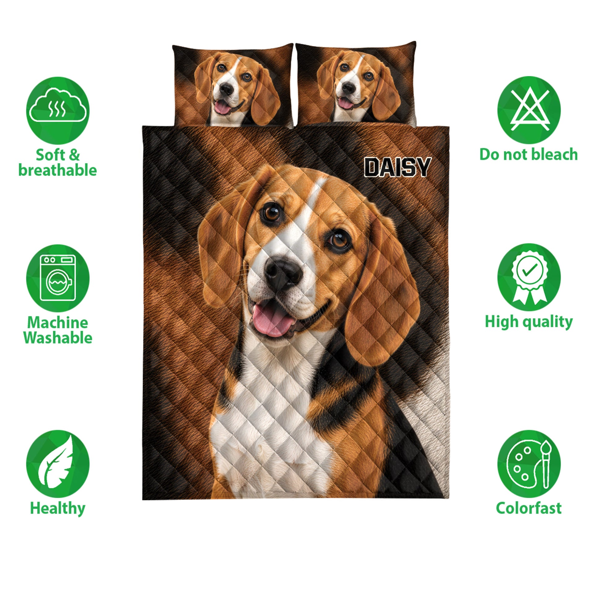 Beagle quilt bedding set shown with portrait artwork and product feature icons