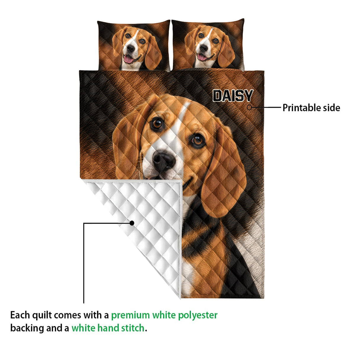 Beagle quilt bedding set showing the printed front and white quilted backing