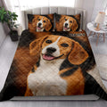 Beagle quilt blanket styled on a bedroom bed with matching dog portrait pillows