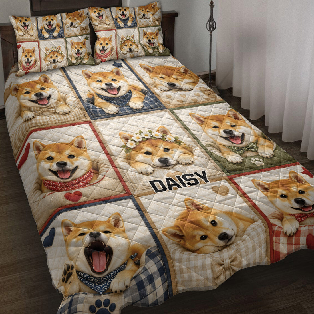 Shiba Inu quilt blanket displayed on a bed with colorful patchwork dog portraits and decorative hearts