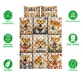 Shiba Inu quilt bedding set shown front-facing with repeated dog portraits and product feature icons