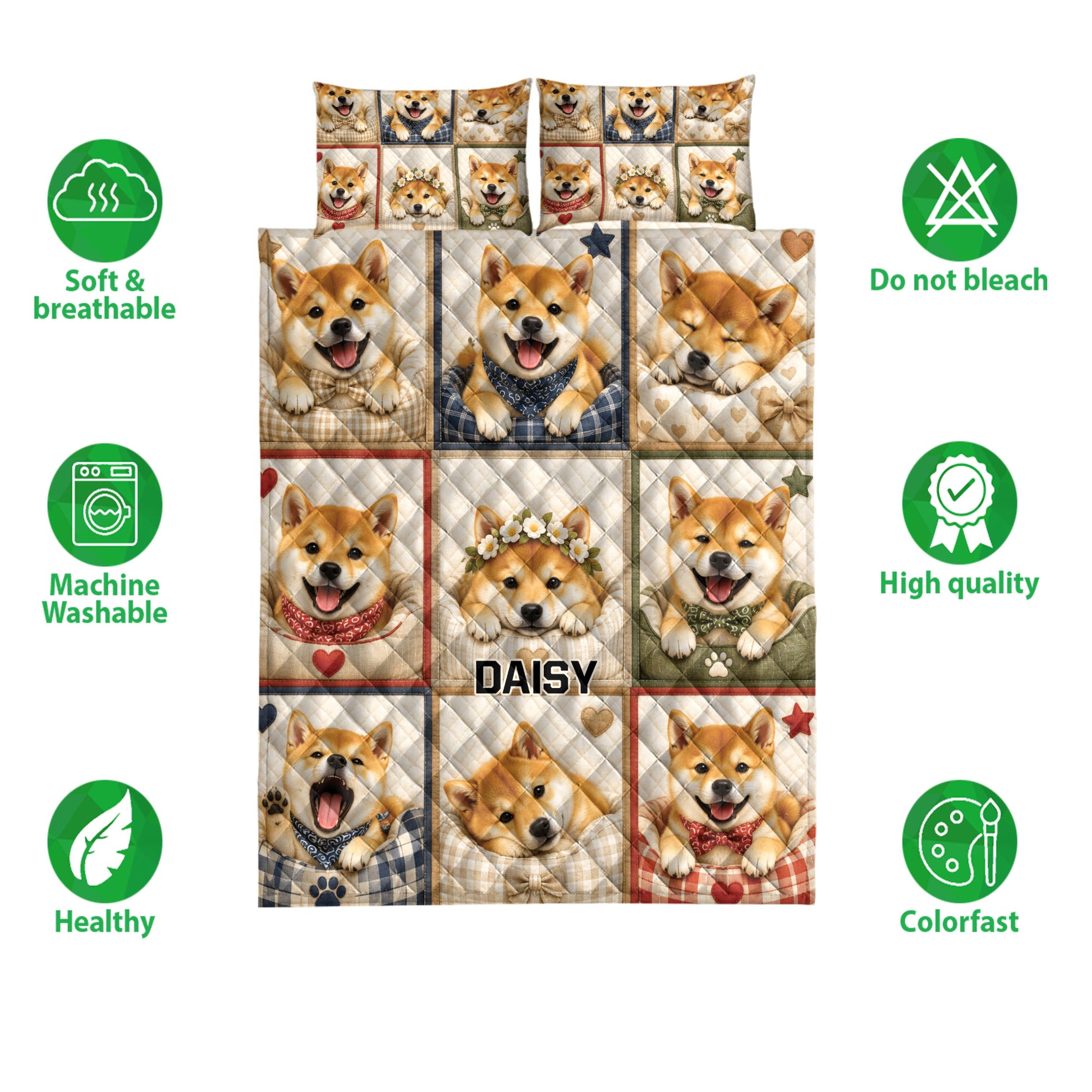 Shiba Inu quilt bedding set shown front-facing with repeated dog portraits and product feature icons