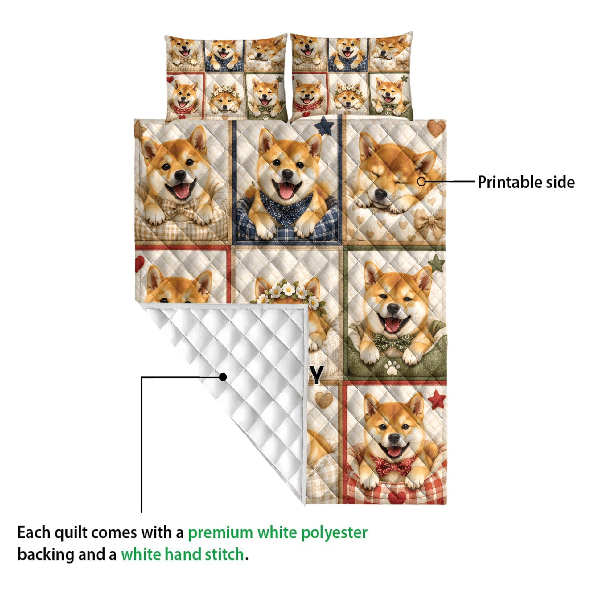 Shiba Inu quilt showing the printed front artwork and white diamond-quilted reverse side