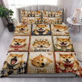 Shiba Inu quilt blanket styled on a bright bedroom bed with matching dog portrait artwork
