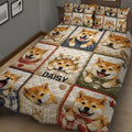 Close bedroom view of Shiba Inu quilt bedding with playful dog portraits, bows, bandanas, and hearts
