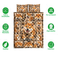 Shiba Inu quilt bedding set displayed with care icons and a collage of playful dog portraits