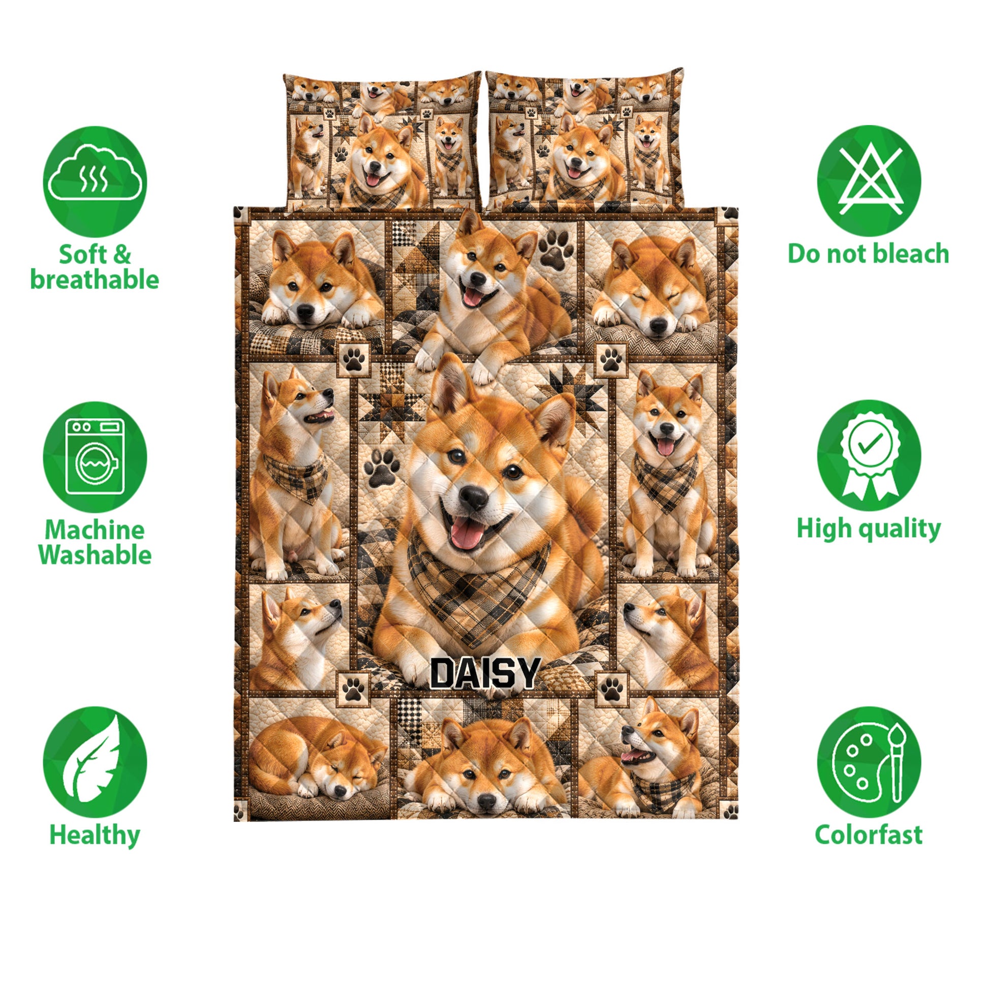 Shiba Inu quilt bedding set displayed with care icons and a collage of playful dog portraits