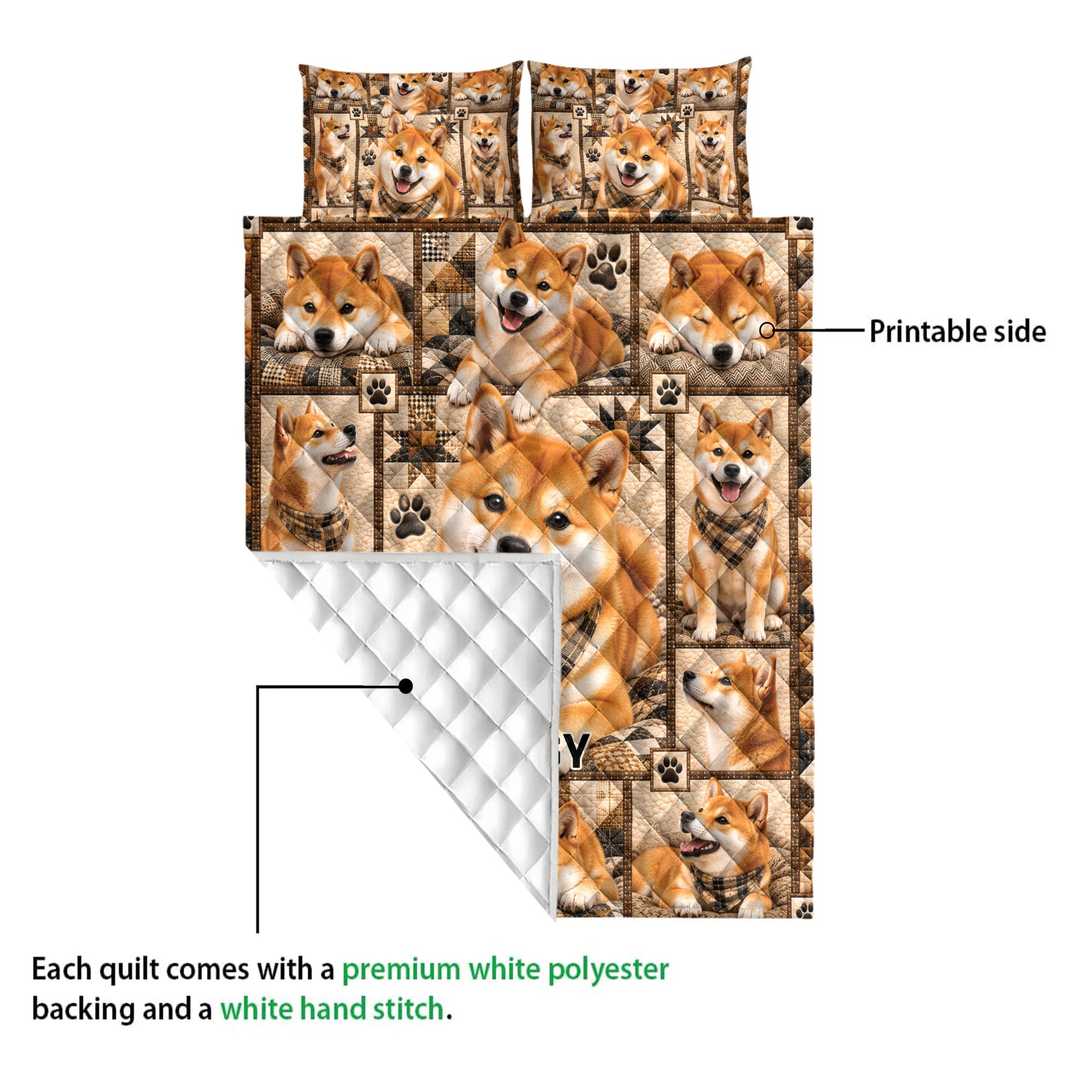Shiba Inu quilt blanket close-up showing the printed front and white quilted backing